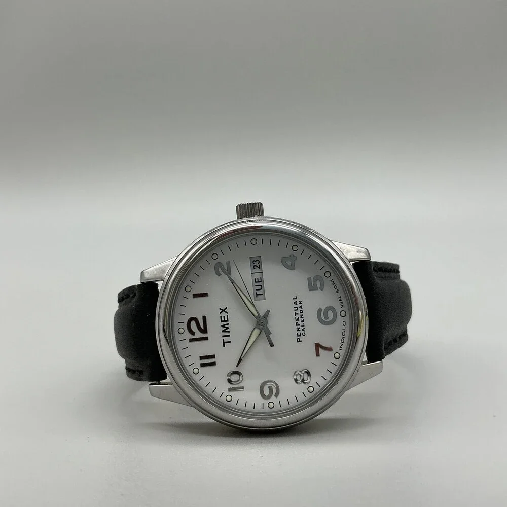 Timex Perpetual Calendar Mens Watch 37mm Silver Tone Leather Indiglo New Batt